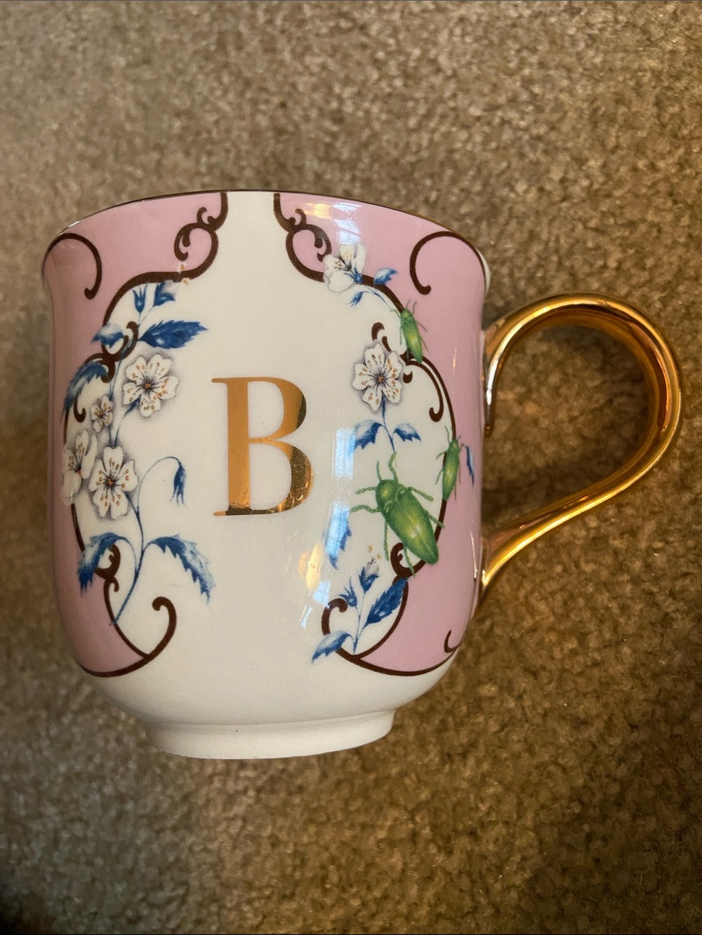 Gold Handle Pink & White Floral Monogram B Mug